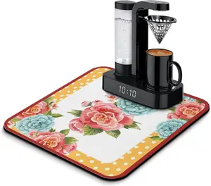 Washable Non-Slip Pioneer Flower Dish Drying Mats,Super Absorbent Quick Drying Mat For Kitchen Counter Home Large Coffee Bar Pad Accessories And Decor 23.5''x15.5'' (Light Blue Pink Flower, 23.5*15.5)