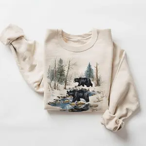 Retro Black Bears Winter Creek Scene Sweatshirt - Nineties 90s Vintage Sow & Boar Bears Camping Pullover Cotton