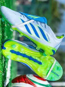 Unisex Youth Soccer Shoes with Long & Short Nails, Striped Sporty Design, Firm Ground Anti-Slip Football Boots, PU Upper Material, Rubber Sole, All Seasons, Soccer Cleats for Training Match Competition