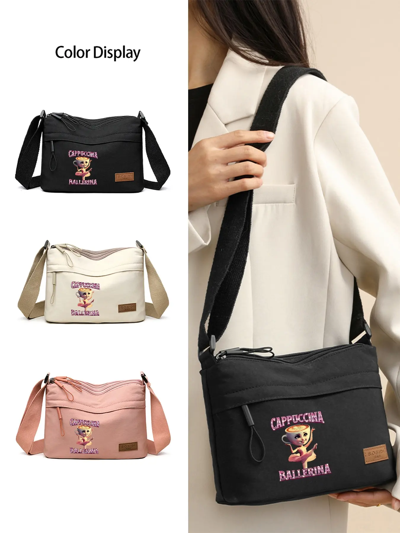 CAPPUCCINA BALLERINA Pattern Crossbody Bag, Stylish Versatile Shoulder Bag with 3 Pockets, Multi-functional Phone Purse and Coin Organizer with Adjustable Strap, Perfect Holiday Gift