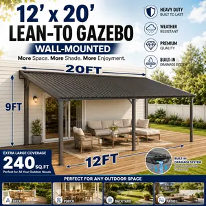 12x20FT Lean to Gazebo, Outdoor Hardtop Wall Mounted Gazebo with Sloping Galvanized Steel Roof, Upgraded Heavy Duty Mounted Shelter with Drainage System for Deck, Porch, Backyard On-Site