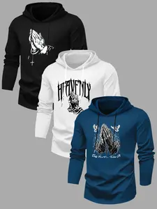 Men's 3-Piece Letter Graphic Print Hooded Long Sleeve Fitted T-Shirt Set, Graphic Streetwear Clothing, Casual Outdoor Fall Winter Wear, 3-Pack, Tops