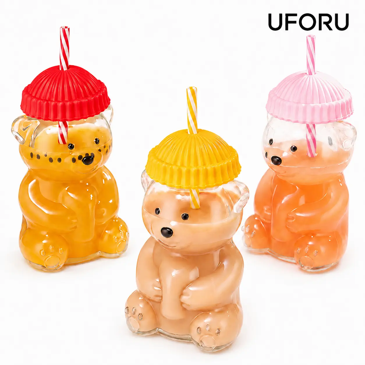 UFORU Cute Bear Glass Cup with Straw and Lid, Creative Bear Shaped Drinking Glass, Clear Glass Tumbler for Juice, Iced Coffee, Milk Tea, Smoothies, Party Drinks and Gifts
