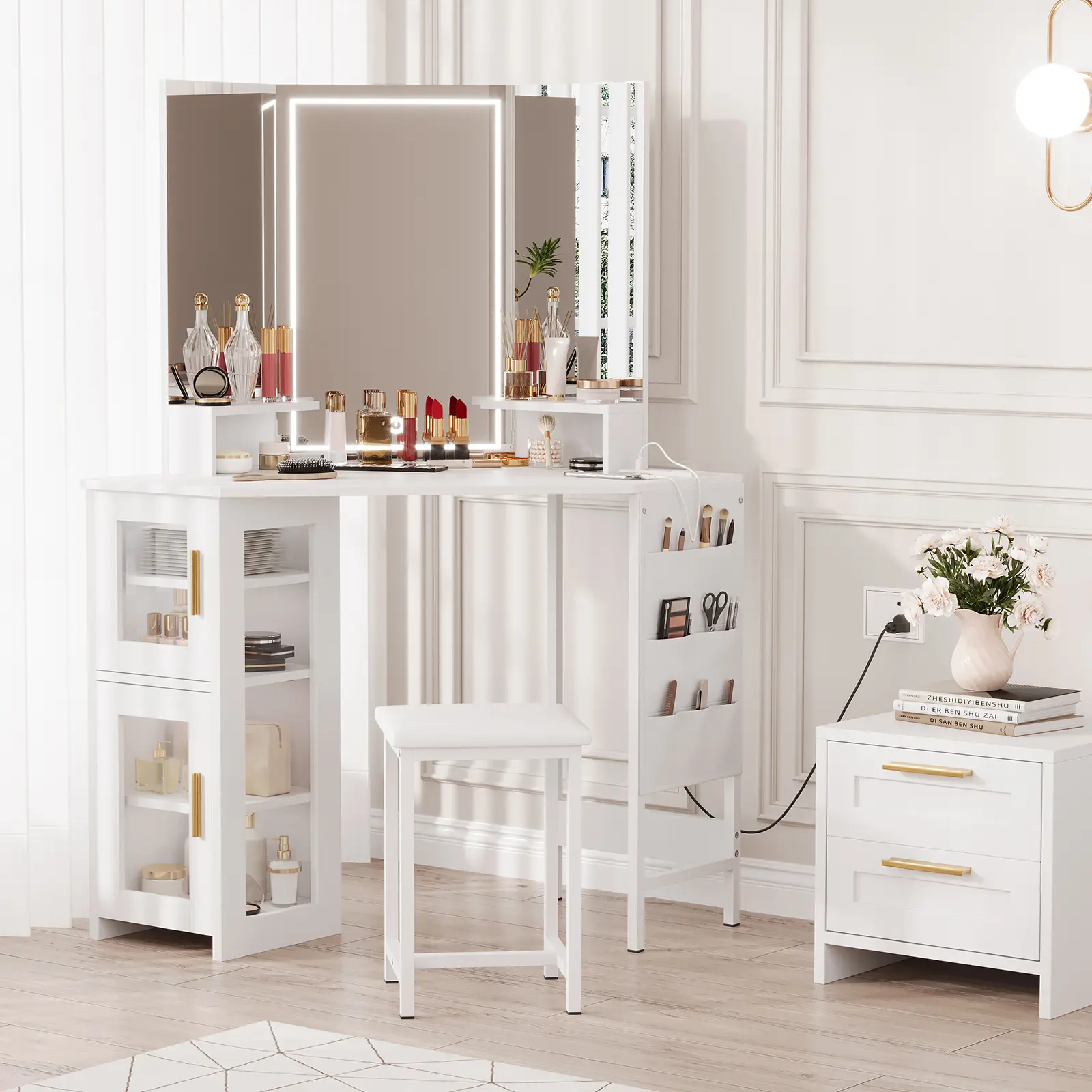 Gaomon Corner Makeup Vanity Desk - Stylish, Wooden, Multi-Function, Adjustable, Backlight Makeup Vanities with LED Lighted Mirror, Charging Station, Storage Cabinet, and Included Stool, Stylish Makeup Vanities