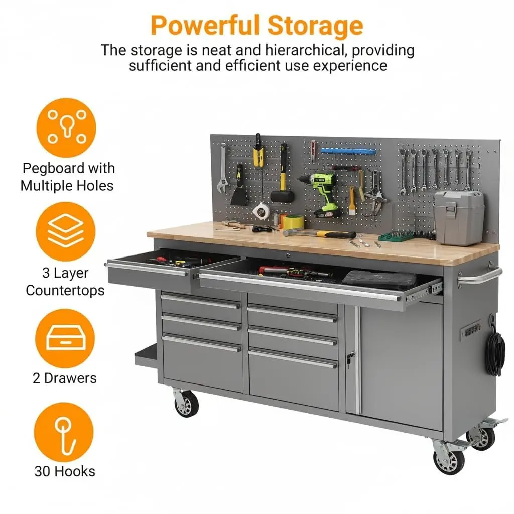 61 Inch Garage Tool Cabinet with 10 Drawers, Workbench Storage Tool Cabinet, Rolling Toolbox Stainless Steel Tool Bench with Locking System