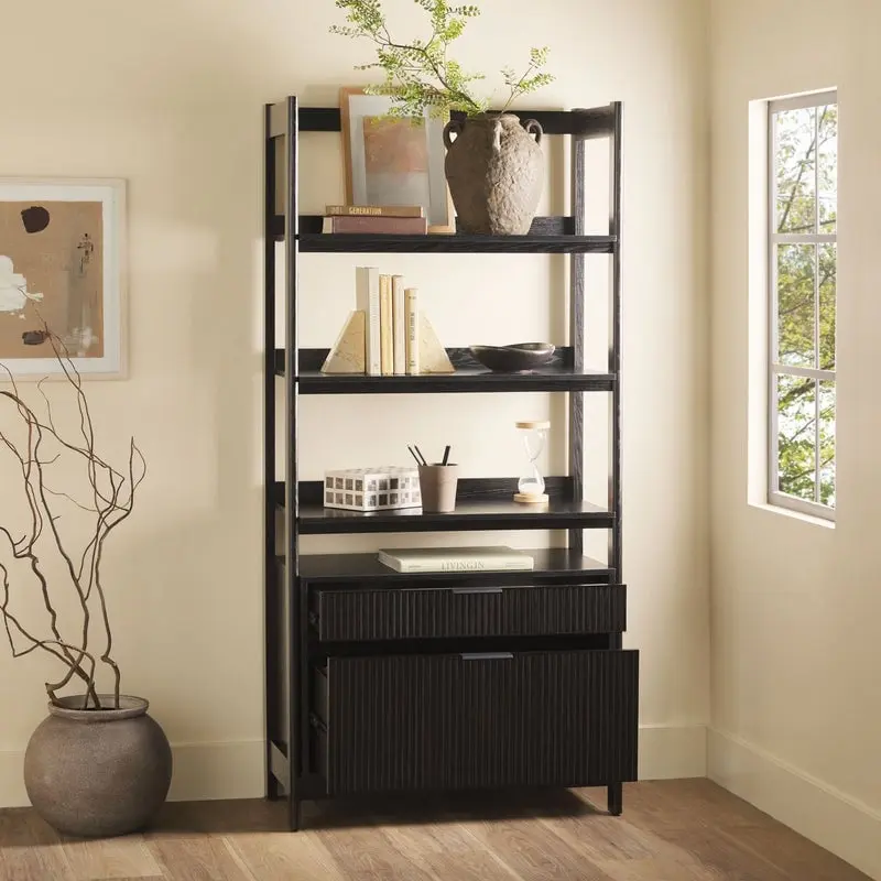 Walker Edison WEHOL41OS3BL20 Holmes Modern Wide Bookcase with Two Reeded Drawers - Black