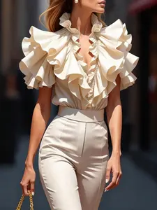 Solid Color Ruffle Stand Collar Shirt, Blouse, Multi-Layer Ruffle Short Sleeve, Office Wear, Casual Lunch, Date Night, Cocktail Party