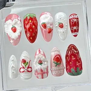 T20 Lynn Strawberry Shortcake Press-On Nails, 3D Fruit & Cream Charms, Pink Lace Accents, Sweet Girl Aesthetic, Gift for Her, Dessert-Inspired Design