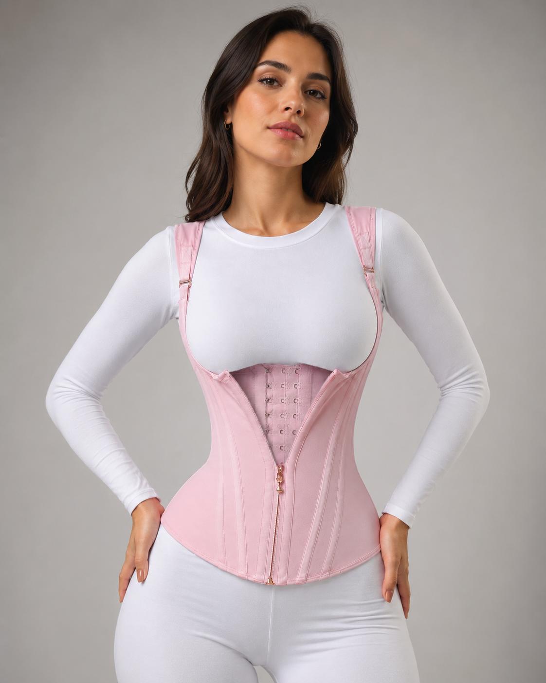 Women's Compression Corset Shapewear Top - Nylon Blend, Breathable Mesh High-Stretch Vest with Steel Bones, U-Shaped Chest, Adjustable Zipper, Hooks, Straps for Tummy Smoothing, Waist Trainer