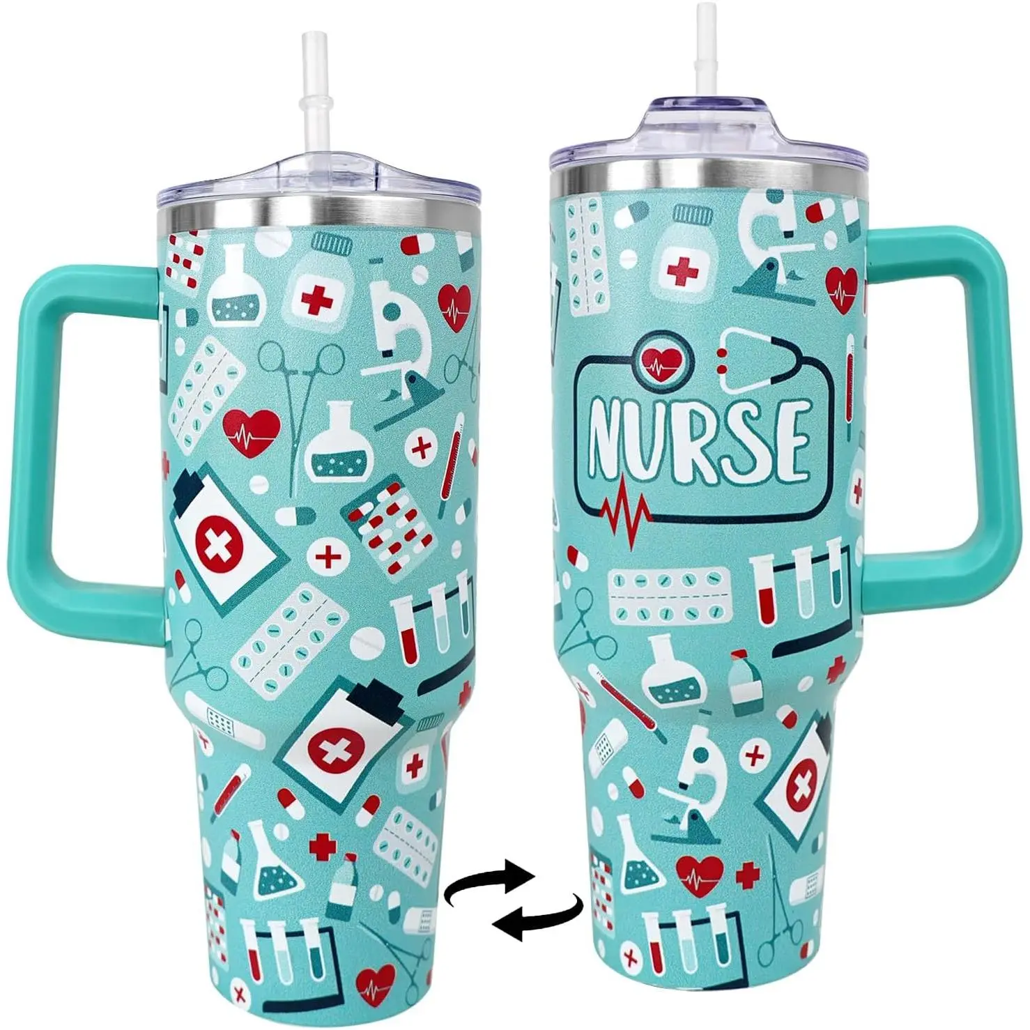 40 Oz Stainless Steel Printed Insulated Nurse Mug - Anti-Leak Vacuum Flask with Lid, Straw, Funny Graduation Gift for Nurses, Portable Kitchenware Drinkware for Coffee, Beverages