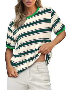 BTFBM Women's Summer Tops 2026 Crewneck Short Sleeve Striped T-Shirts Casual Loose Lightweight Color Block Basic Tee