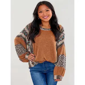 A casual shirt contrasting striped round-neck sleeve loose sweatshirt women's top Casual Cozy Pullover