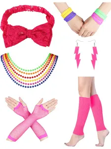 Colorful 6 Pcs Cute 80s Outfit Costume Accessories 1980s Leg Warmers Gloves Neon Earrings Bracelet Set for Women Men Theme Party Supplies Cosplay Festival