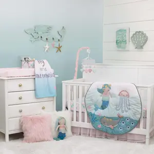 Sugar Reef Mermaid 4 Piece Nursery Crib Bedding Set - Appliqued Round Play Quilt, 100% Cotton Fitted Crib Sheet, Shirred Crib Skirt with 16" Drop, Nursery Organizer