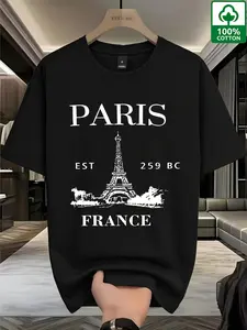 Men's Charcoal Vintage Paris Tee, 100% Cotton Casual Top, Slim-Fitting Long Sleeve Shirt, All-Season Wear, Boho Style
