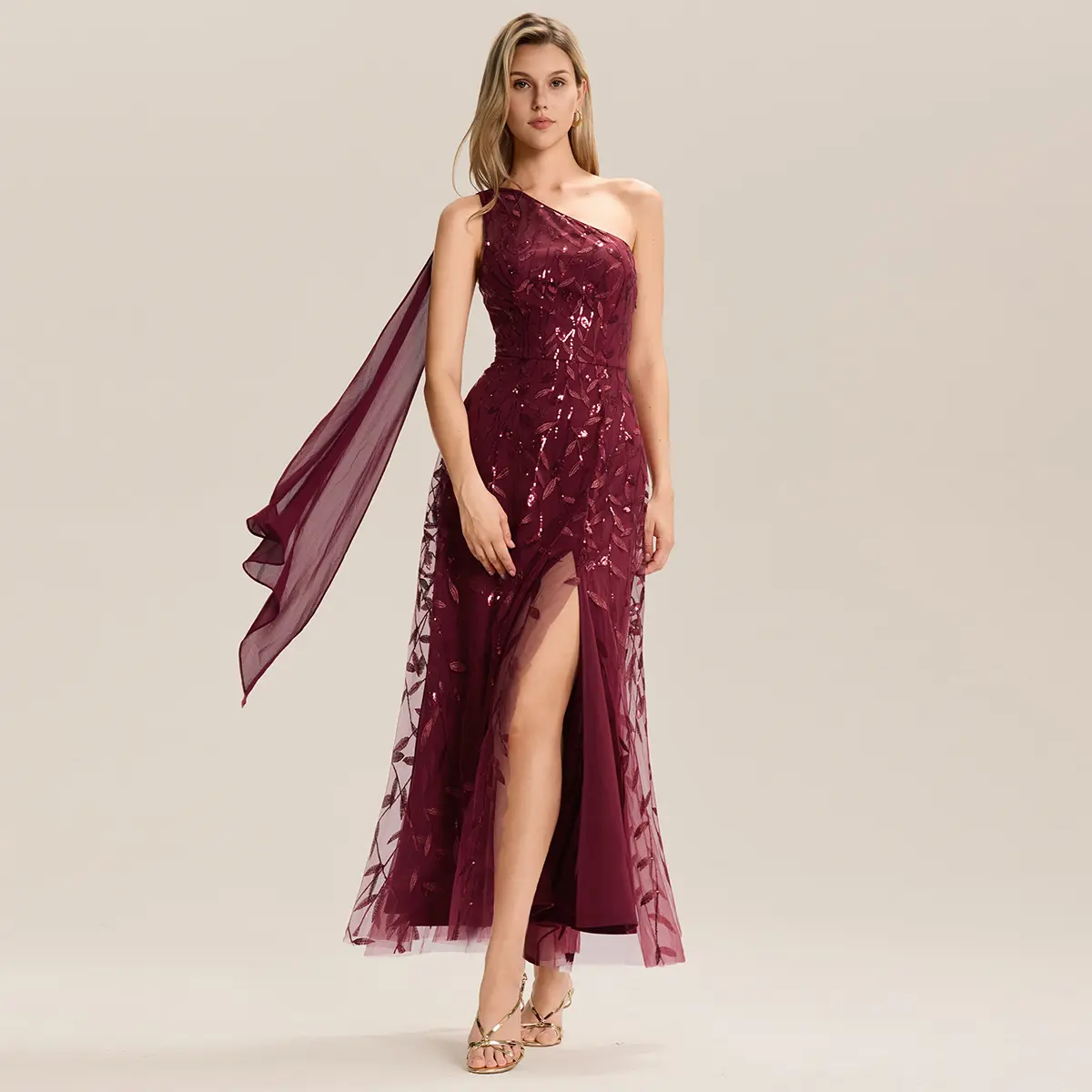 Ever-Pretty  dress Holiday dress, One-Shoulder Maxi Dress with Leaf - Sequin Embellishment, Side Slit, Back Thin Straps & Waist Detail for Formal Dress,Evening dress,sequin dress 2486