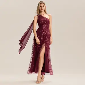 Ever-Pretty  dress Holiday dress, One-Shoulder Maxi Dress with Leaf - Sequin Embellishment, Side Slit, Back Thin Straps & Waist Detail for Formal Dress,Evening dress,sequin dress 2486