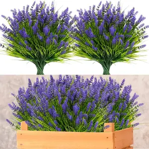 24 Bundles Artificial Flowers Outdoor, Faux Lavender Flowers with Grass, UV Resistant Artificial Plants for Hanging Planter, Garden, Patio, Decorative Artificial Fake Flowers