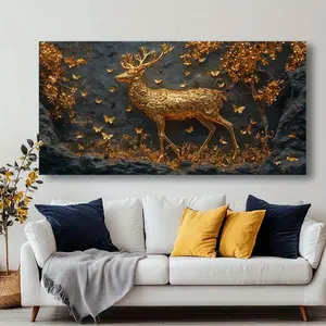 Gold Deer Canvas Wall Art Framed - Modern Abstract Nature Scene, Vivid Ink Print on Wrapped Canvas for Living Room, Bedroom, Office Decor - Indoor Wall Art, Holiday Gift Idea