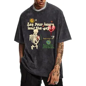 Men's Skeleton Graphic Tee Shirt Vintage Acid Wash Streetwear T-Shirt Inspirational Letter Print Casual Summer Top Retro Edgy Y2K Fashion Loose Comfortable Cotton Tee