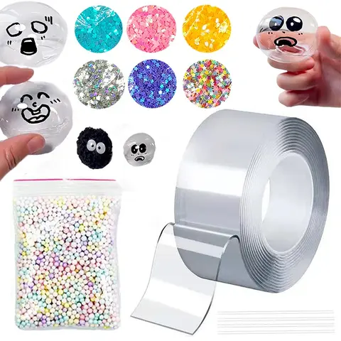 12pcs Nano Tape Bubble & Toy, Magic Double Sided Elastic Plastic Balloon, DIY Squishy Maker Kit, Slow Rising Fidget Toy, Decompression Squeeze Sensory, Party Favor