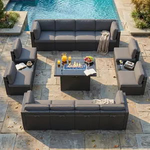 【9 Packages Shipping】LayinSun 15 Piece Patio Furniture Set with Fire Pit Table, Outdoor Conversation Sets Wicker Rattan Sectional Sofa with Coffee Table