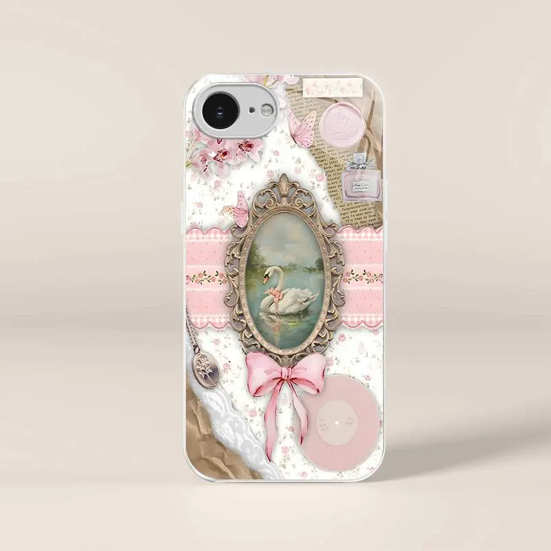 Coquette aesthetic vintage swan and pink bow case for iPhone 16e, cute fairycore floral phone cover, TikTok viral — 975