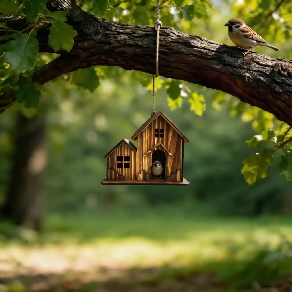 1PC Rustic 2-In-1 Oak Wooden Bird House, Birdhouses for Outdoors, Bird Houses for Outside, Hanging Bird Nest for Outdoors, Weather Resistant Bird Hut with Window Design, Ideal for Sparrows & Wrens, Tree