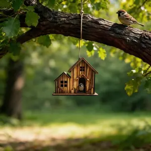 1PC Rustic 2-In-1 Oak Wooden Bird House, Birdhouses for Outdoors, Hanging Bird Nest for Outdoors, Weather Resistant Bird Hut with Window Design, Ideal for Sparrows & Wrens, Tree