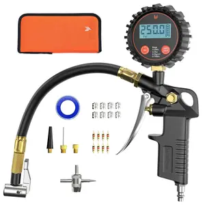 T500 Digital Tire  Gauge with Inflator, Tire Gauge 0-250 PSI, Calibrated to ANSI B40.7 Grade 2A, Air Chuck & Compressor Accessories with Storage Bag, Black