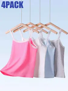 Girls' Solid Color Tank Tops Camis 4 Pack, Lace Trim Design, Slim Fit, Suitable for All Seasons, Casual Versatile