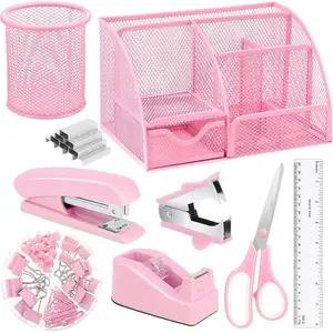 Pink Desk Organizers and Accessories, Pink Office Supplies Include Mesh Desk Organizer, Tape Dispenser, Stapler, 1000 Staples, Staple Remover, Pen Holder, Clips Set, Ruler,