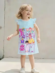 Girls' Casual Loose-Fitting Dress, Knee-Length Short Sleeve Design, All-Over Cartoon Pattern, Perfect for Daily Wear & Playtime