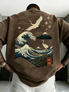 Japanese Ukiyo-E Wave Crane Theme Vintage T-Shirt, Men's Loose-Fit Short Sleeve, Street Style, Daily Wear, Traditional Aesthetic