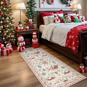 Beige Christmas Long Strip Carpet, Soft Non-Slip Washable Mat, Home Decorative Rug, Tree Santa Design, Perfect Holiday Gift, Ideal for Hallway Kitchen Entry Bedside