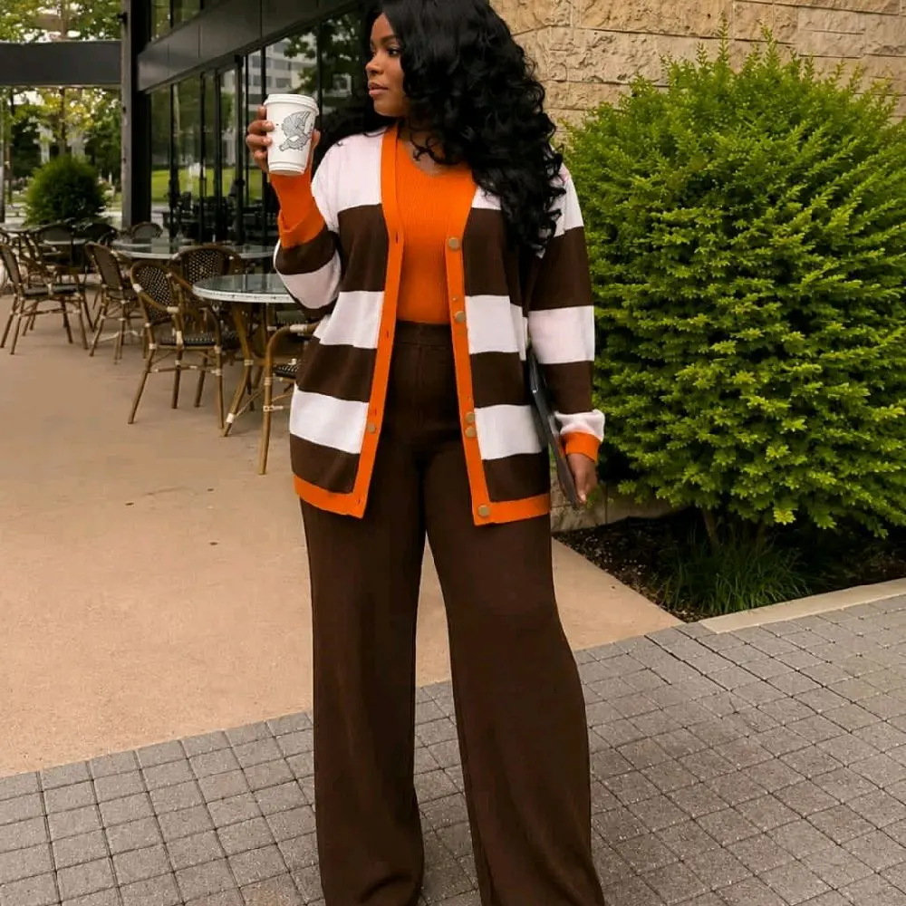 Women's Maternity 2-Piece Casual Striped Knit Set - TCN Winter Twist Sweater Top & Pants, Minimalist Basic Pregnancy Clothing, Sizes L-XL