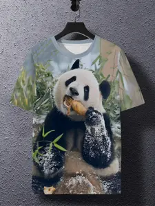 Men's Trendy Print T-Shirt, Casual Short Sleeve, Comfortable Fabric, Panda Eating Bamboo Design, Perfect for Daily Wear, All Seasons