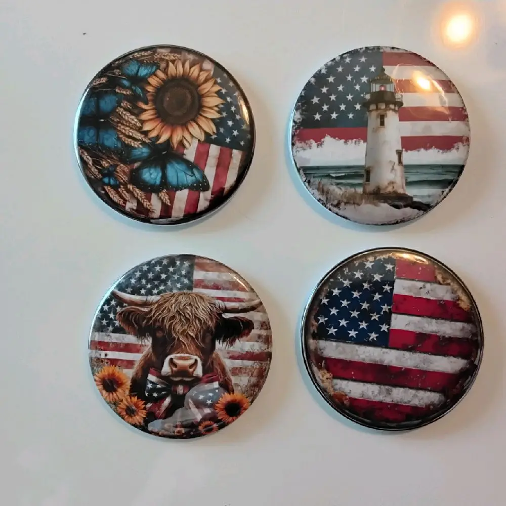 Patriotic 4 Pack Round Magnets - 2.25 in Size, Decorative Design Featuring American Flag and Landmarks