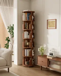 Solid Wood Rotating Bookshelf Tower, 6 Tier Corner Bookshelf with Bookends, Kids Spinning Book Shelf with Wheels, Revolving Bookcase Shelf, Tall Narrow Bookshelves for Small Spaces