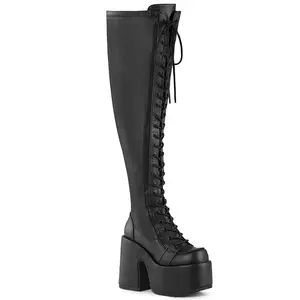 Demonia Camel-300WC Black Stretch Vegan Leather Over-the-knee Boots