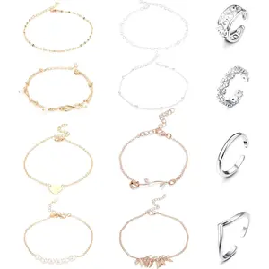 FINREZIO 12 Pcs Rose Golden Silvery Ankle Rings Anklets for Women Men Diverse Adjustable Copper Alloy Anklet Toe Rings Bands Normal Open Toe Rings Chains Anklets Bracelets Foot Jewelry Set for Beach Vacation