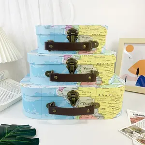 3pcs Map Pattern Handled Storage Box with Lid, Multi-Size Nestable Cardboard Decorative Box, Vintage Home Storage Box, for Jewelry, Photos, Hair Accessories, Gift Storage, Valentine's Day, Christmas, Birthday, Wedding Gift Packaging