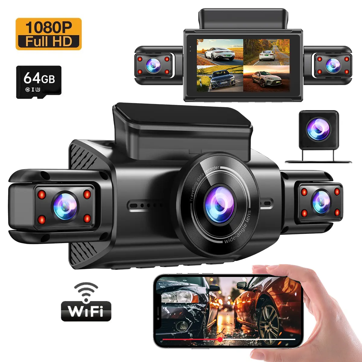 4-Lens Car Dashcam with 64GB Memory Card, Car DVR 3.0 Inch Night View Car Recorder, 1080P  Car Camera, 1 Set 360° Swivel Camera, Car Accessories