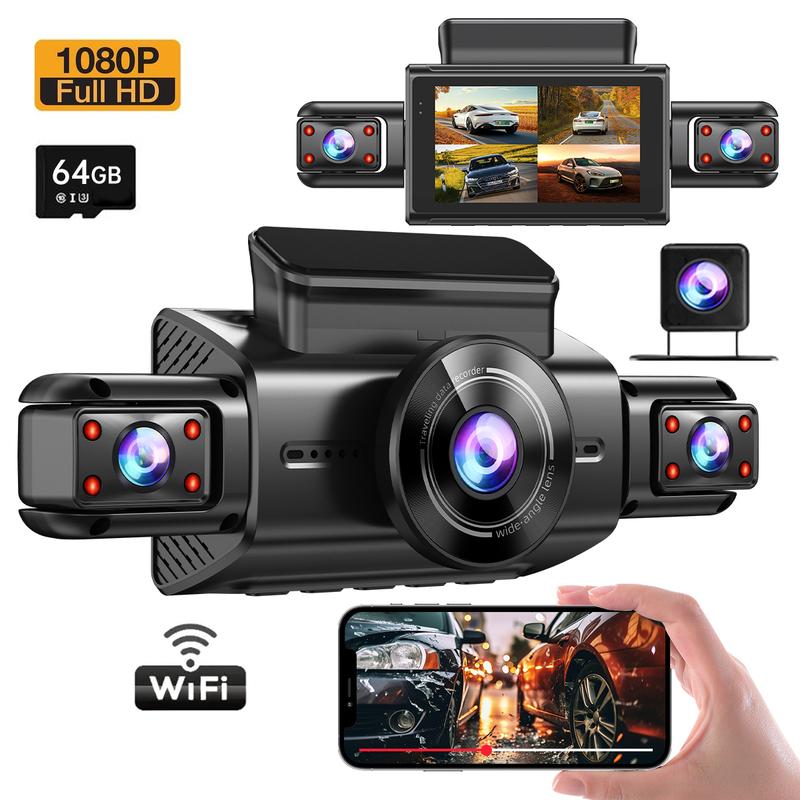 Wifi 4-Lens Car Dashcam with 64GB Memory Card, Car DVR 3.0 Inch Night ...
