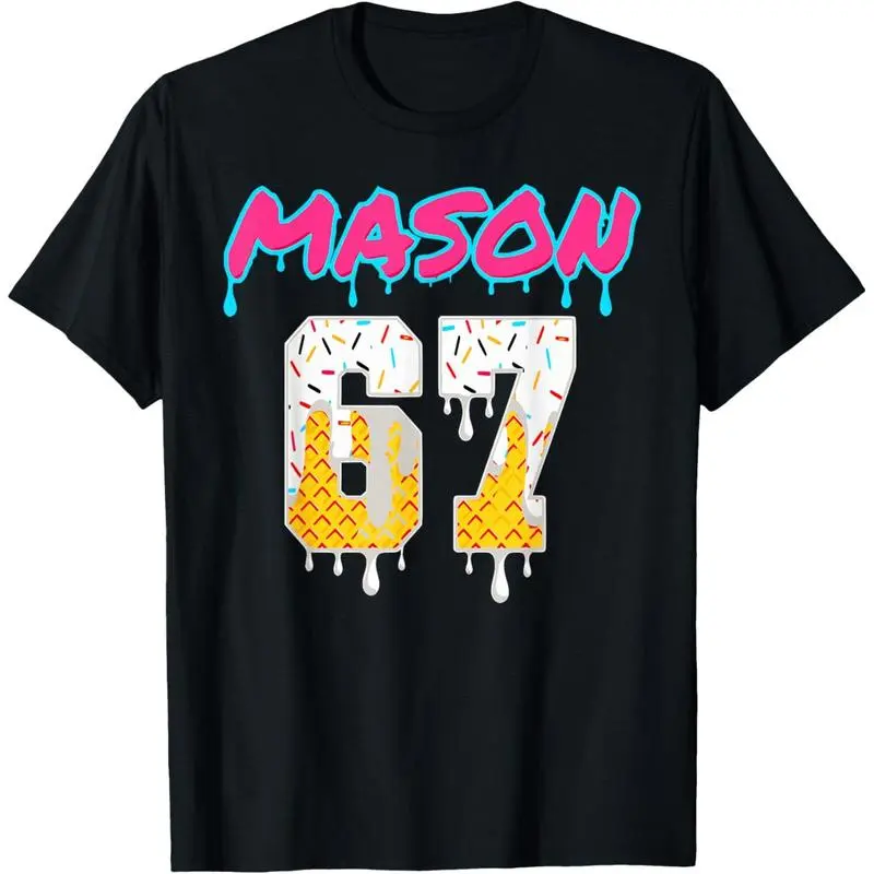 Men's Cotton Material Short-Sleeve T-Shirt, 67 Ice Cream Drip Sport Design, Fun Mason Meme Print, Casual Streetwear Top