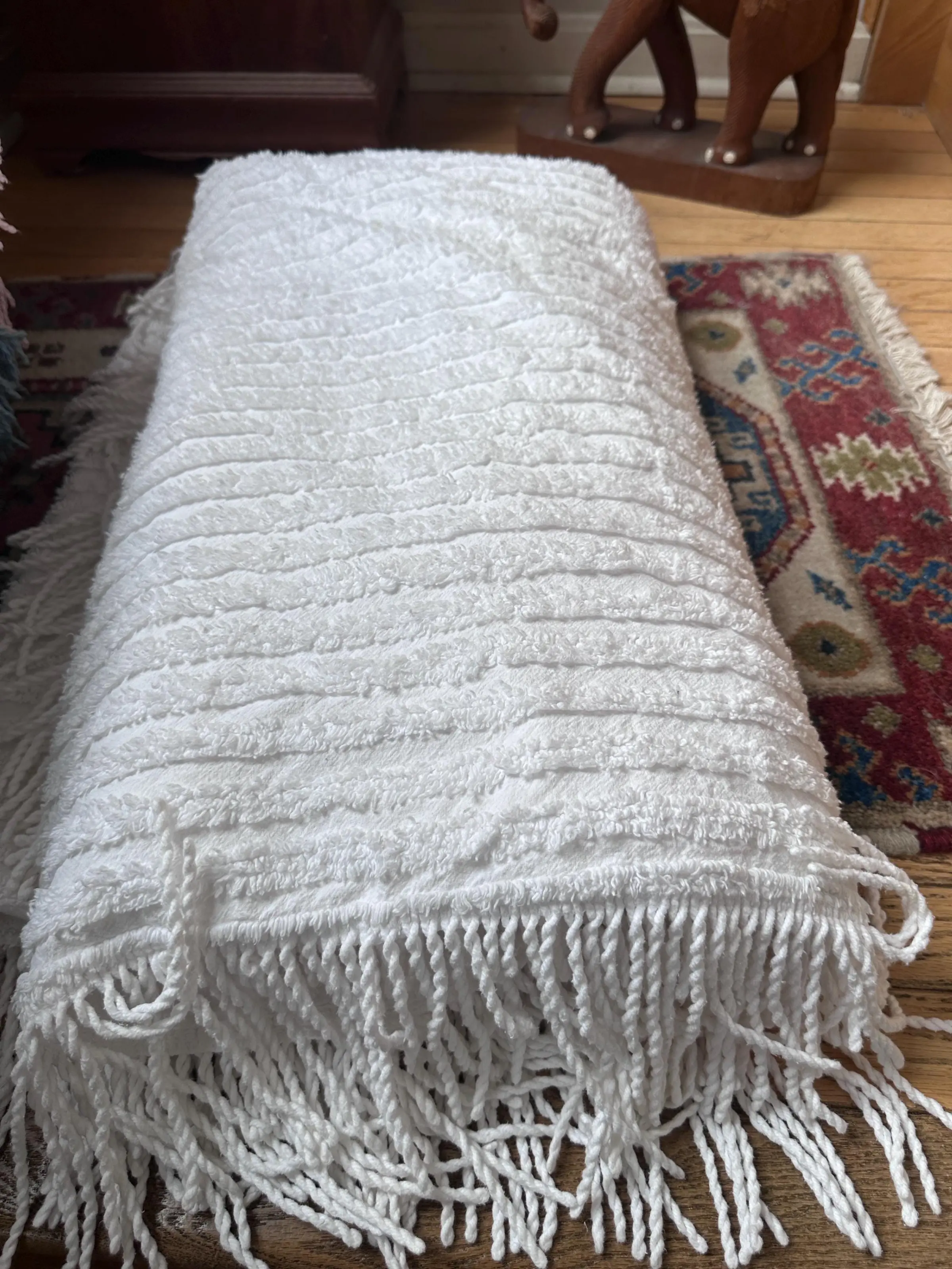 Vintage White Striped Chenille Bedspread Queen Size | LinenSource Plush Chenille Coverlet | Winged Edges | Cottage Farmhouse Decor