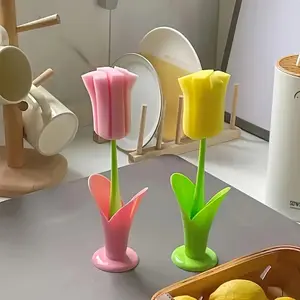 Set of 1/2 Reusable Cup Brushes in Tulip Style with Long Handles for Cleaning, Featuring a Sponge Brush with a Detachable Sponge Head, Ideal for Easily Cleaning Glass Cups And Water Bottles - a Durable Plastic Multifunctional Cleaning Tool for The K