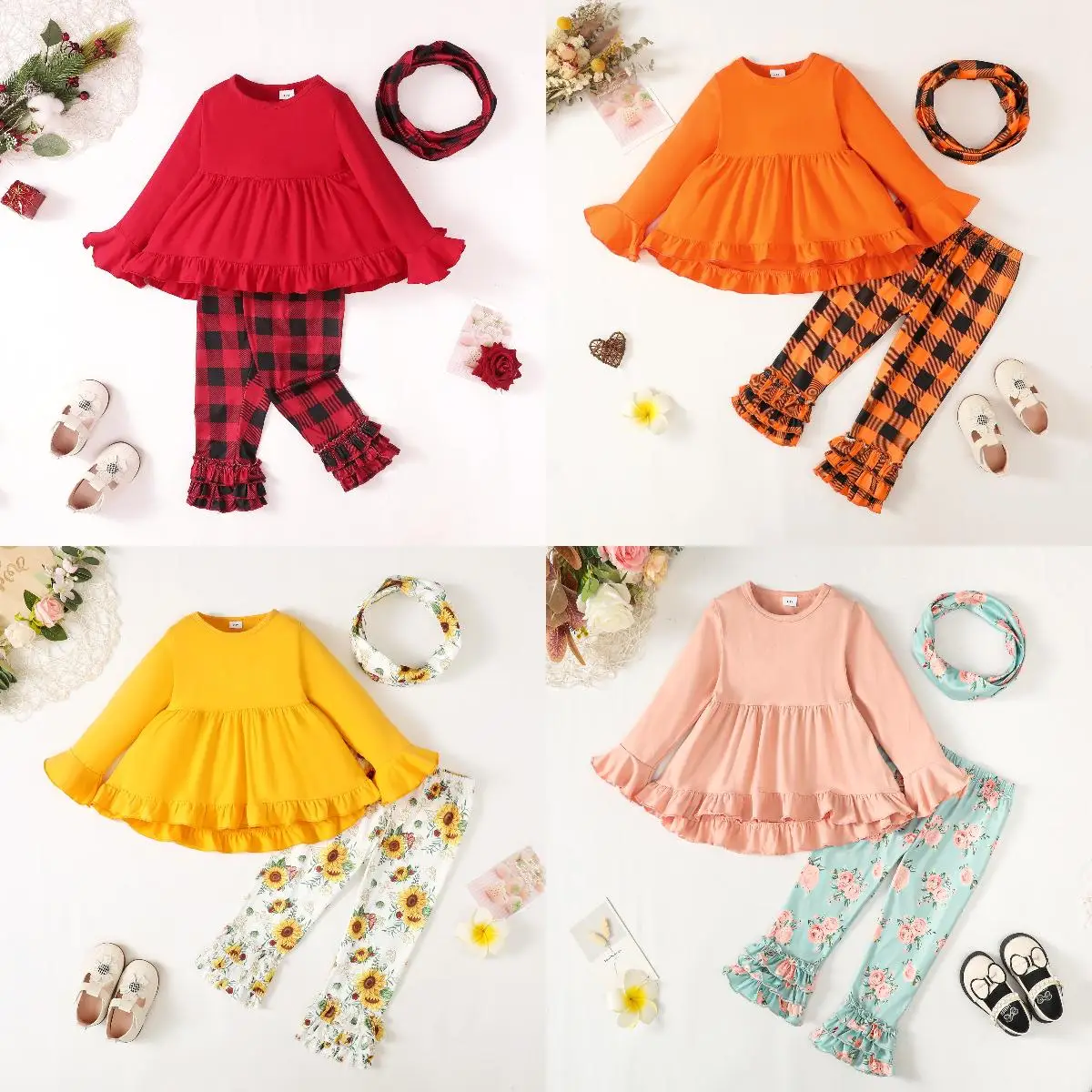 Kid Girls Spring Autumn Solid Color Flare Long Sleeve Dress Tops Plaid Frill Pants Headband 3Pcs Clothing From 2t-9Y 132307152-1
