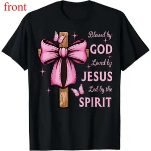 Blessed by God Loved by Jesus Pink Coquette Bow And Cross T-Shirt 180g Pure Cotton Casual Crew Neck Great For Day Trips Casual Wear Or Relaxing Print Black Round Neck Short Sleeve Regular 2026