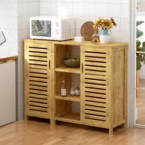 Natural Bamboo Cabinet with Doors and Open Shelves Entryway Storage Organizer for Living Room Hallway, Simple Modern End Table for Home Office, Sideboard with Concealed Compartment for Living Room, Small Bookshelf Hall Tree Organizer, Farmhouse Decor
